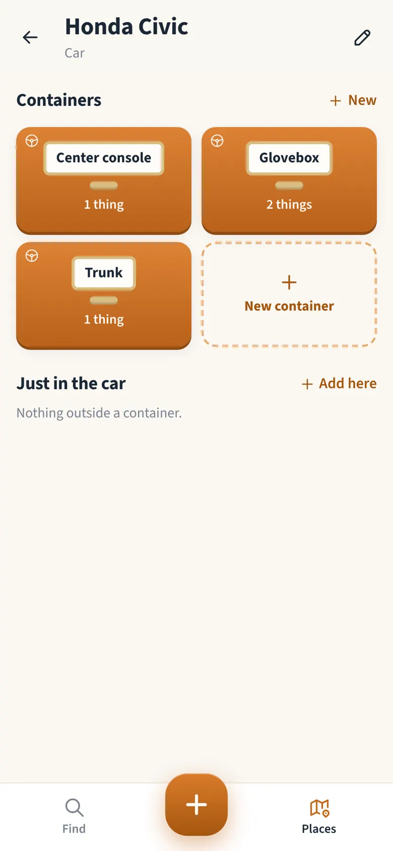 A car with its containers: trunk, glovebox, console