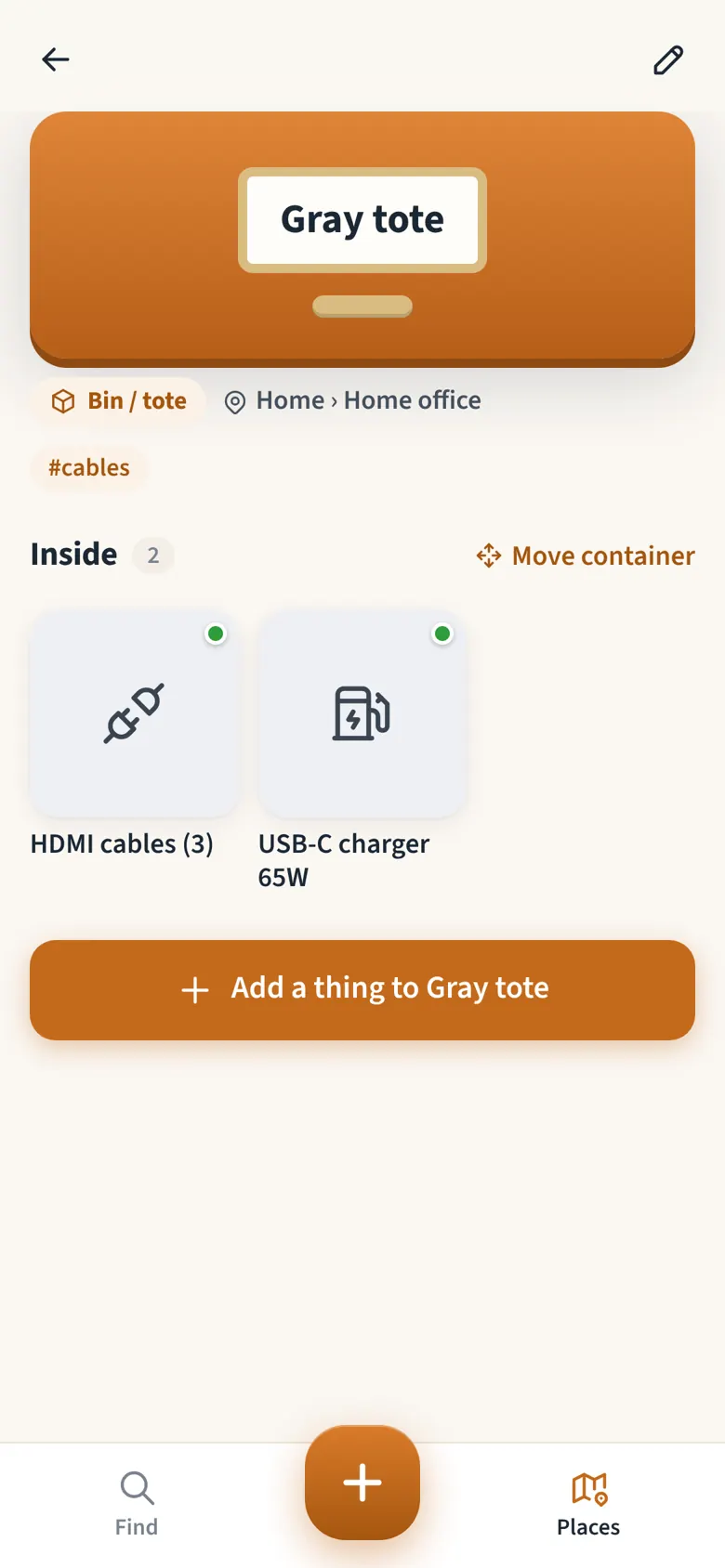 A container in ThingFinder showing what's inside