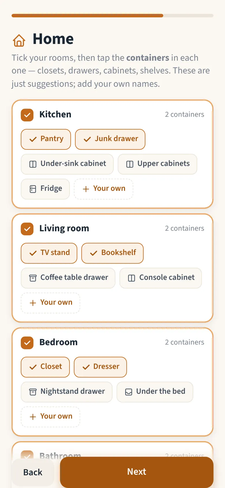 Picking rooms and suggested containers