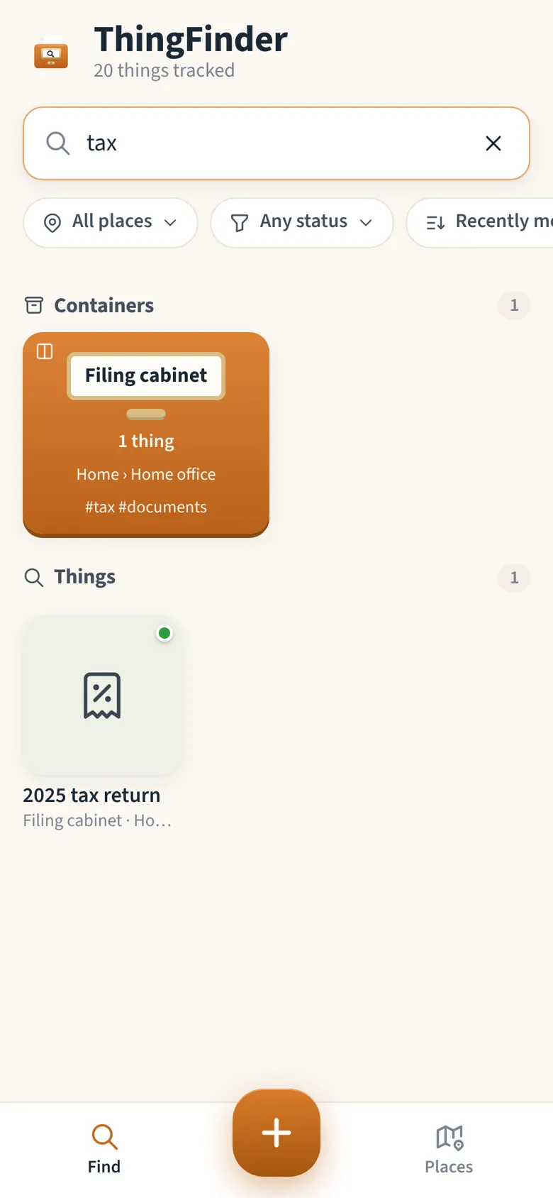 Searching for tax finds the filing cabinet container